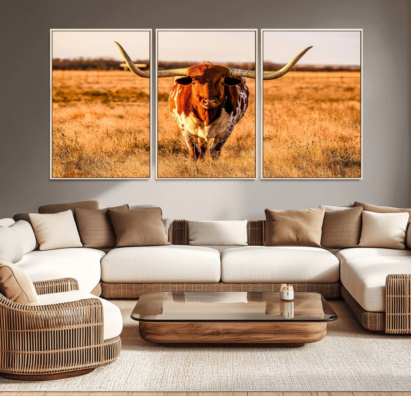 MGV-FC-60X30-3P - Longhorn Cow Wall Art | Ready to Hang Framed Canvas Print for Farmhouse and Barn Decor