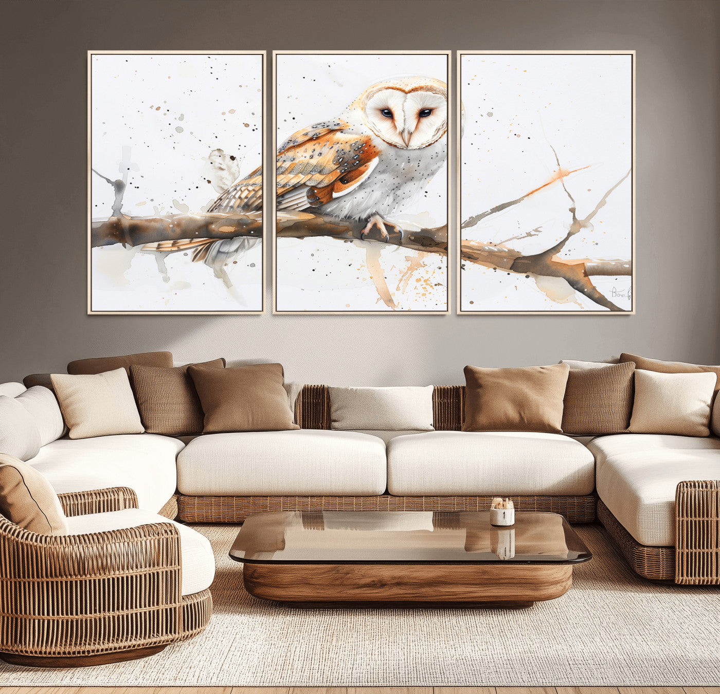 MGV-FC-60X30-3P - Barn Owl Wall Art on Branch | Stunning Canvas Print for Nature Lovers | Ready to Hang and Framed