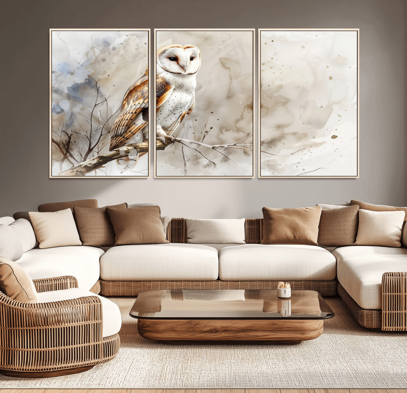 MGV-FC-60X30-3P - Barn Owl Wall Art | Watercolor Canvas Print | Perfect for Farmhouse Wall Decor | Ready to Hang