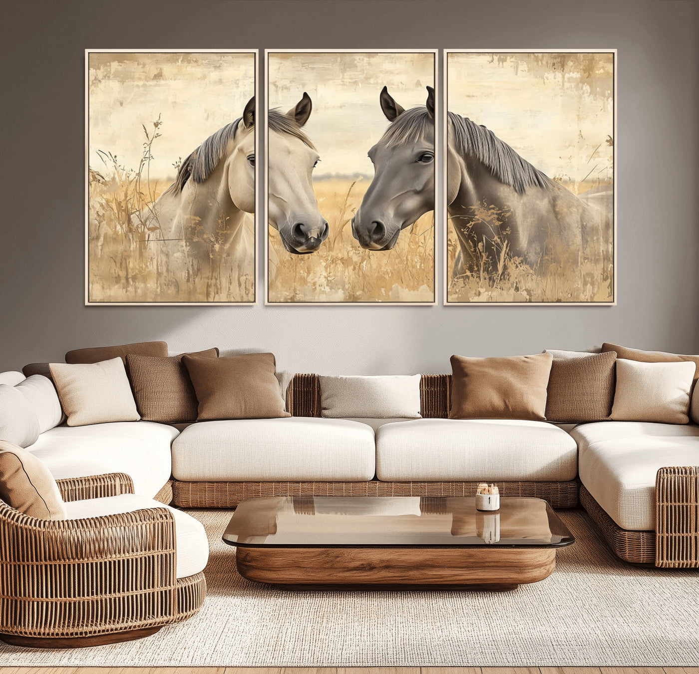 41082-MGV-CV-36X24-Chines Ink Style Grunge Horses Wall Art Canvas Print