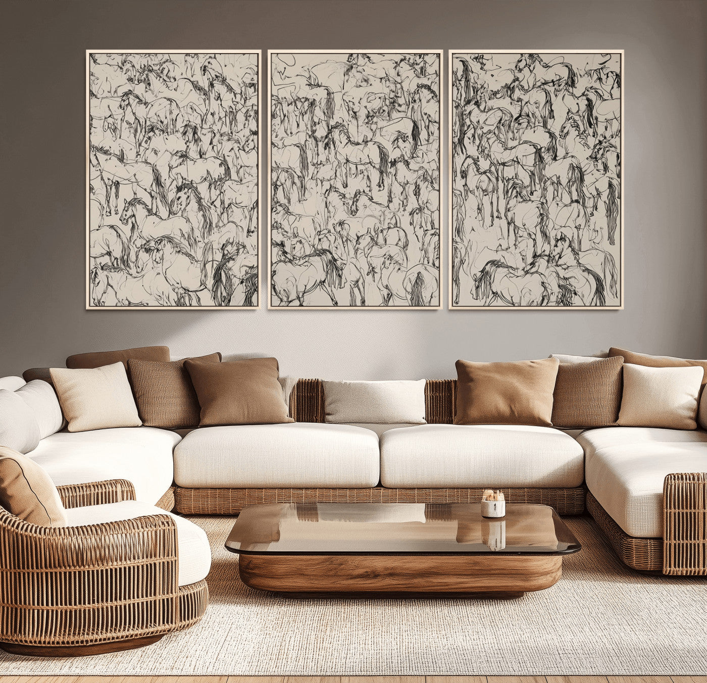 MGV-FC-60X30-3P - Abstract Horse Sketch Wall Art | Ready to Hang and Framed | Farmhouse Wall Decor for Living Room or