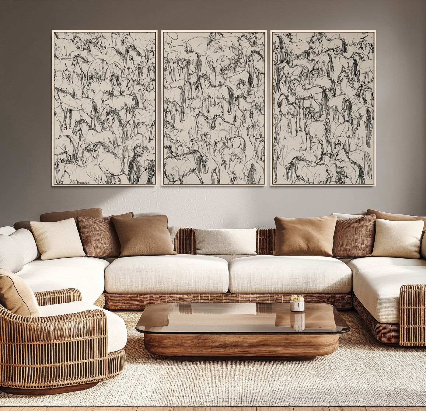 MGV-FC-60X30-3P - Abstract Horse Sketch Wall Art | Ready to Hang and Framed | Farmhouse Wall Decor for Living Room or