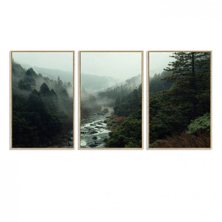 The Misty Forest Wall Art features a serene landscape with a misty river and evergreens, ideal for enhancing the ambiance of any living room or cabin.