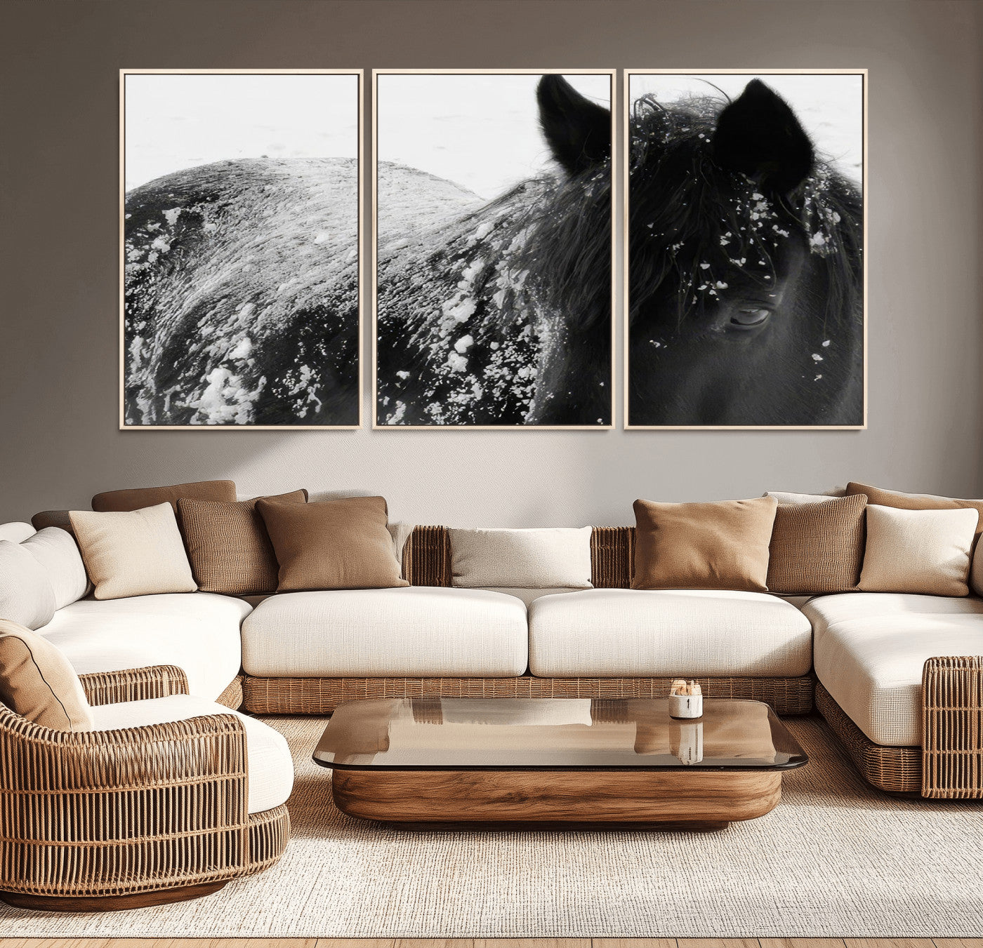 52886-MGV-CV-36X24-Black Horse in Snow Canvas Print | Winter Horse Wall Art | Ready to Hang and Framed | Farmhouse Wall