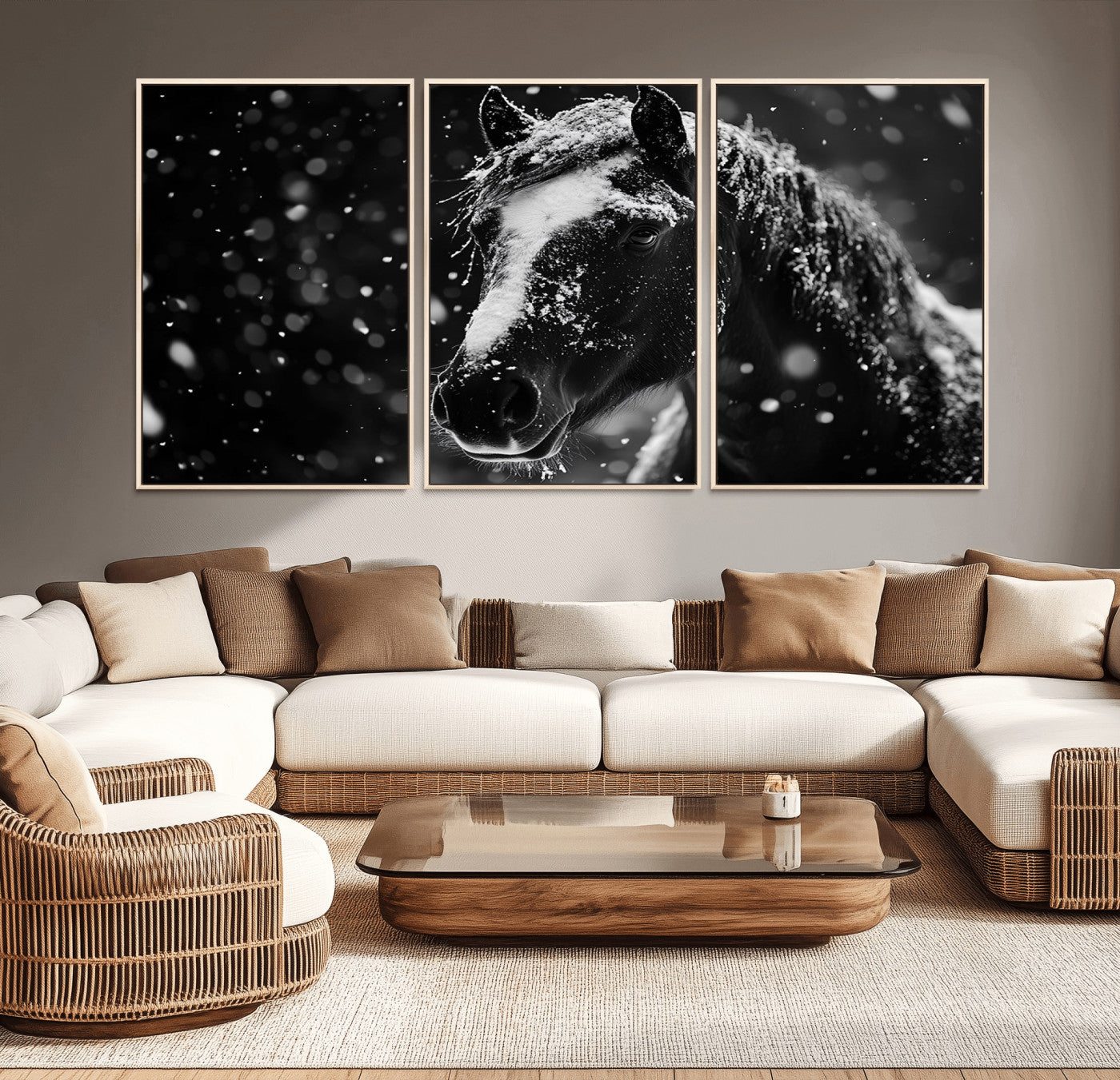 MGV-FC-60X30-3P - Winter Horse Wall Art | Black and White Horse Print | Ready to Hang and Framed | Farmhouse Wall Art