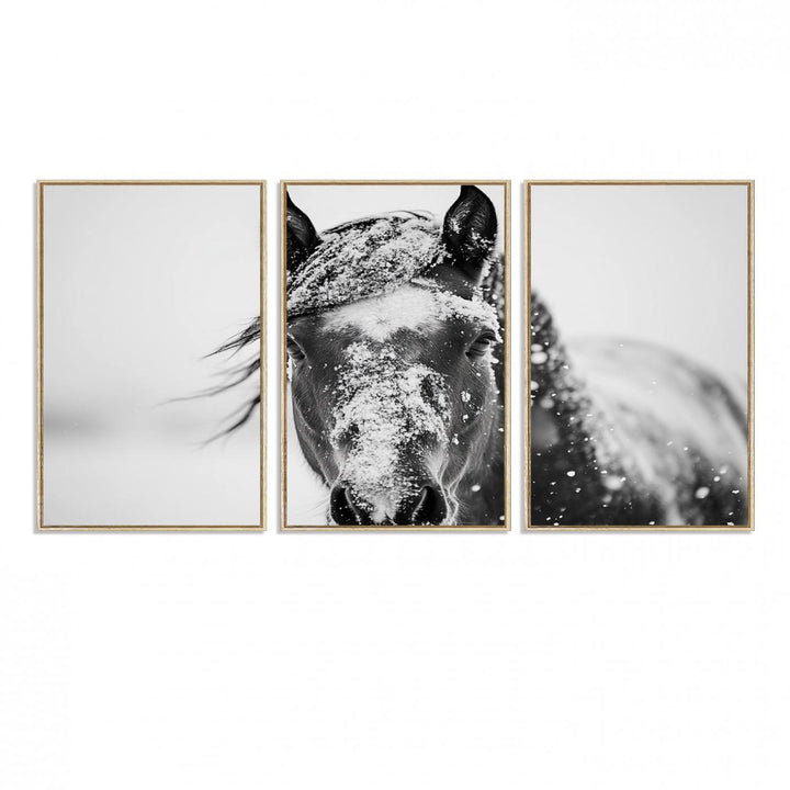 This black and white winter horse wall art enhances any decor; it is ready to hang and framed for a farmhouse or Western style.