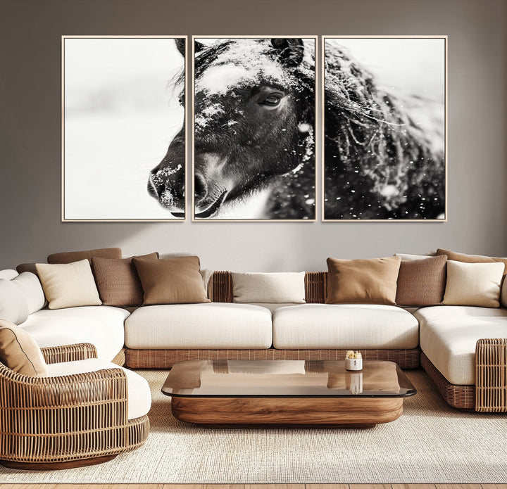 The wall art is a Black and White Horse piece, framed and ready to hang.