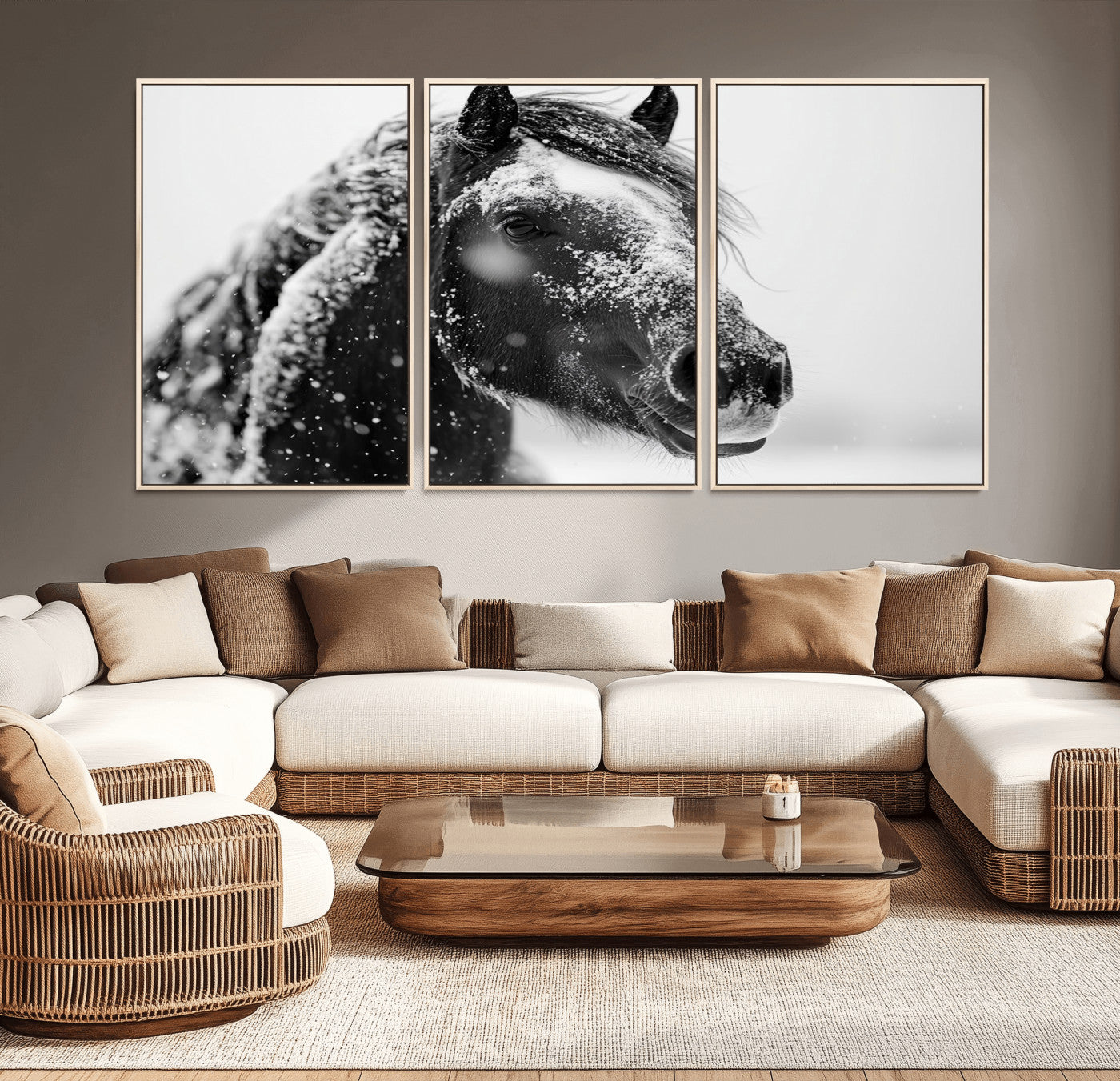 MGV-FC-60X30-3P - Winter Horse Canvas Print | Large 3-Panel Black White Equine Photography for Rustic Farmhouse Wall