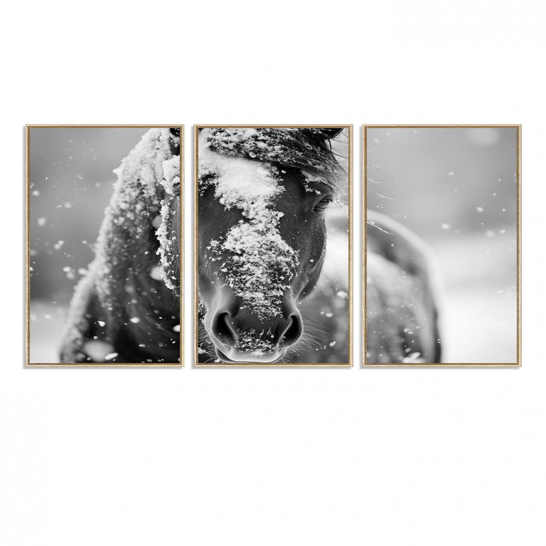 The Black and White Horse Winter Wall Art features a majestic horse with snow-covered hair set against a serene winter backdrop.