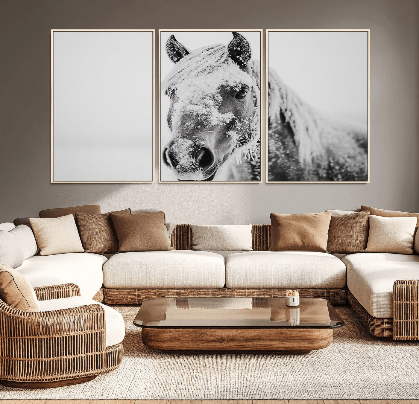 MGV-FC-60X30-3P - White Horse Wall Art | Ready to Hang and Framed | Winter Horse Wall Art Print for Farmhouse and