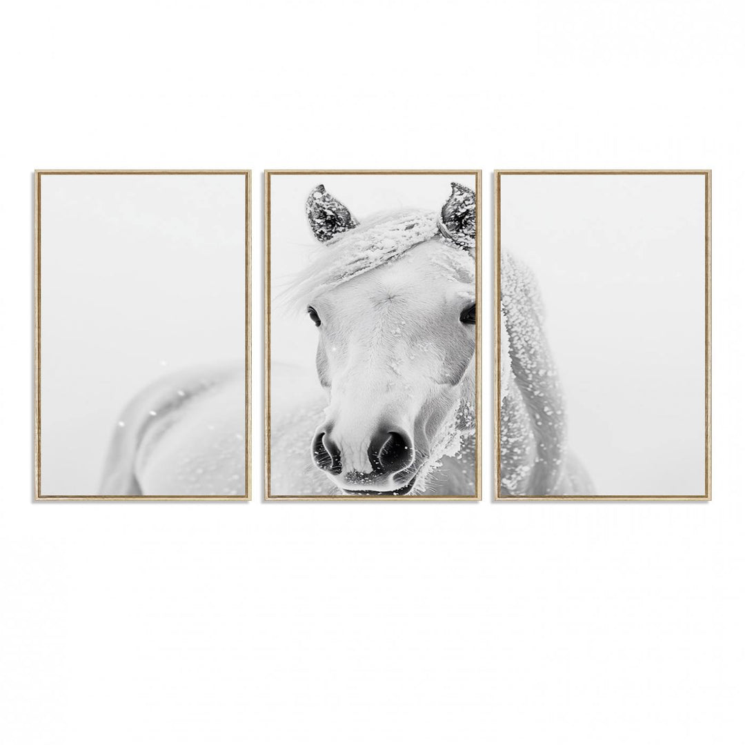 The dining room features the Majestic White Horse Wall Art, adding to its rustic charm.