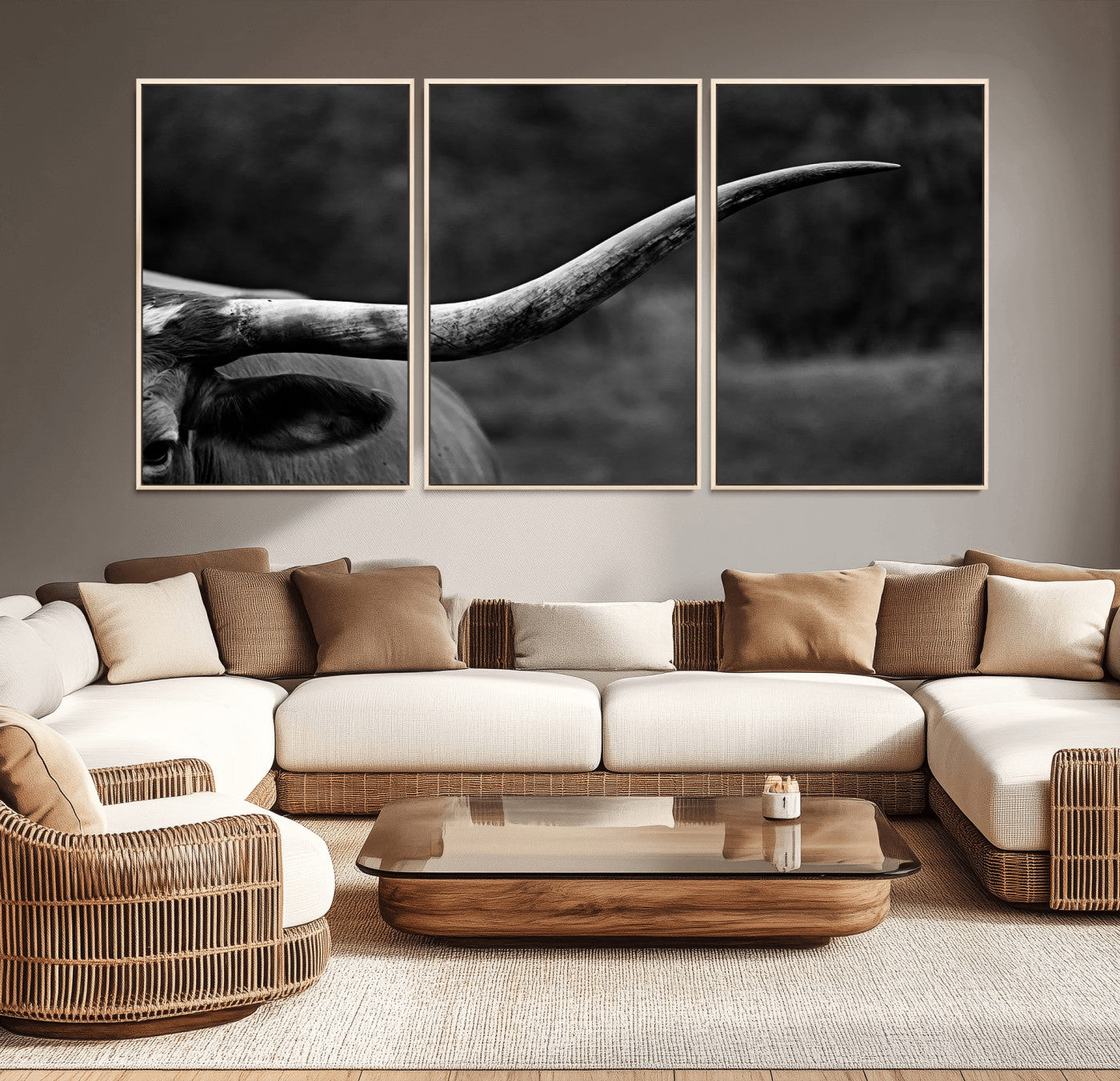 MGV-FC-60X30-3P - Cow Longhorn Wall Art | Black and White Print | Ready to Hang and Framed | Farmhouse Wall Decor |
