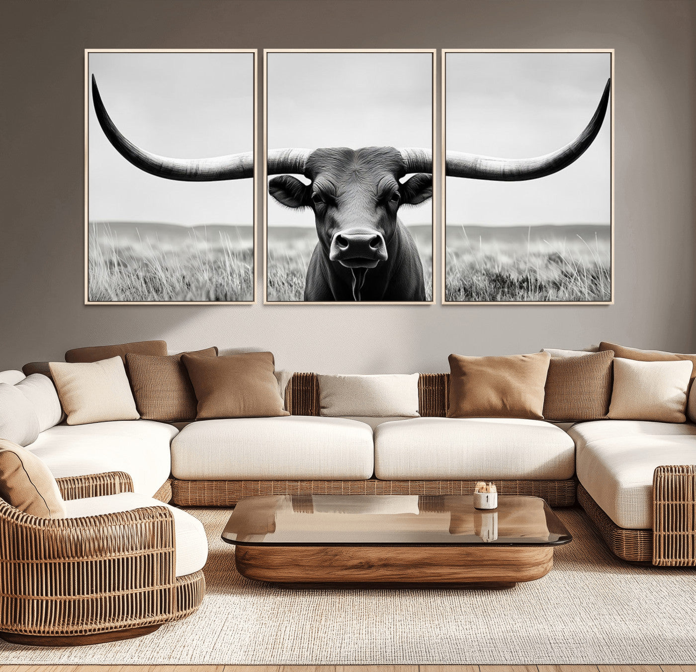 MGV-FC-60X30-3P - Longhorn Bull Canvas Print | Rustic Farmhouse Wall Art | Western Decor | Ready to Hang and Framed