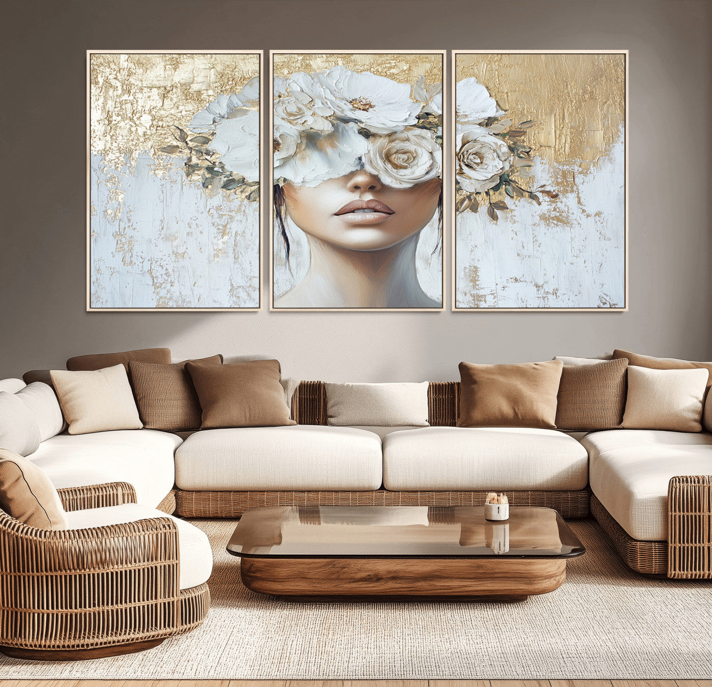 MGV-FC-60X30-3P - Golden Petal Wall Art - Canvas Print Flower Head Woman Painting Floral Woman Portrait Wall Decor,