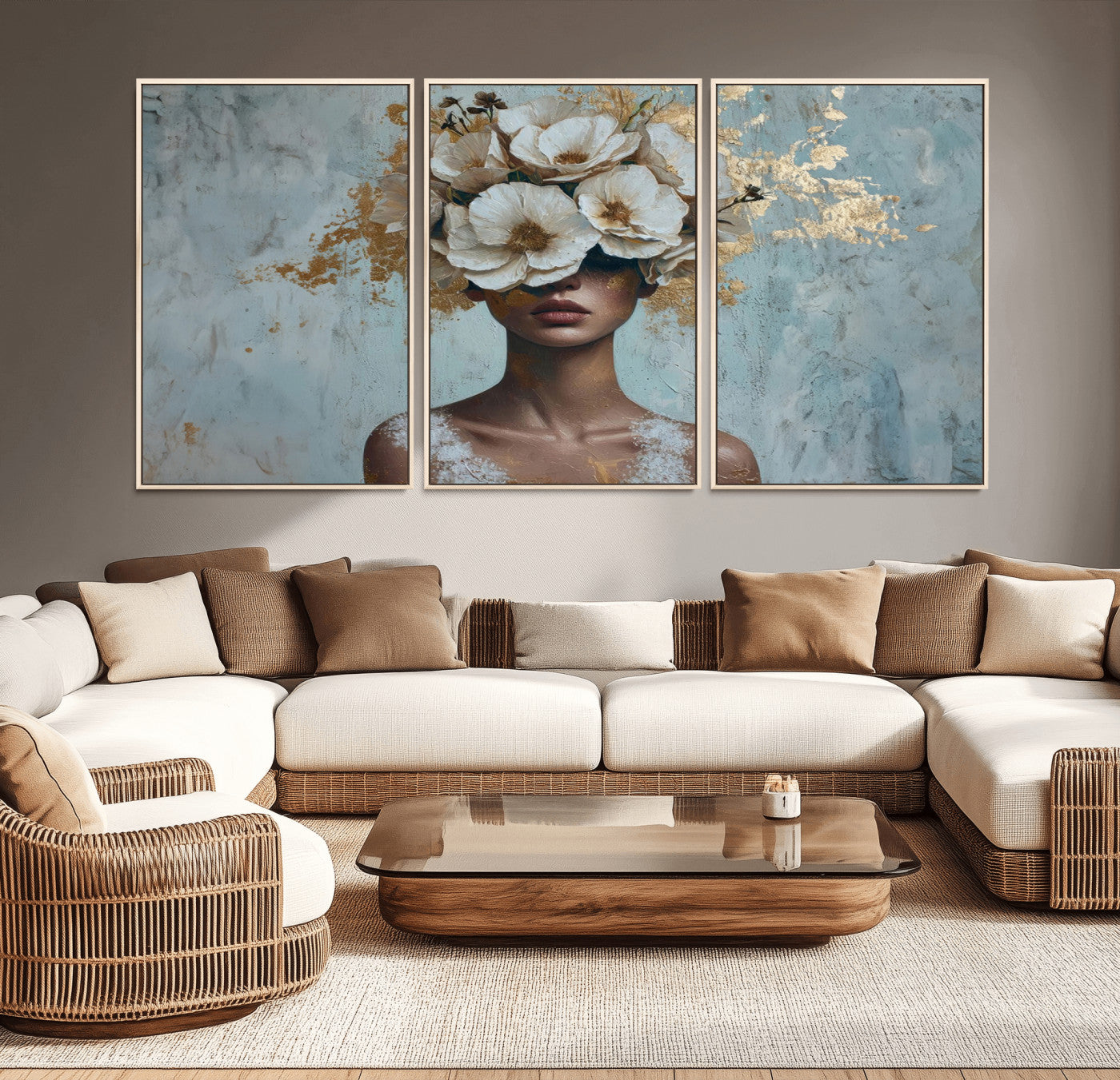 MGV-FC-60X30-3P - Golden Petal Wall Art - Petal Silhouette Woman Wall Art Canvas Print | Large 3-Panel Canvas with