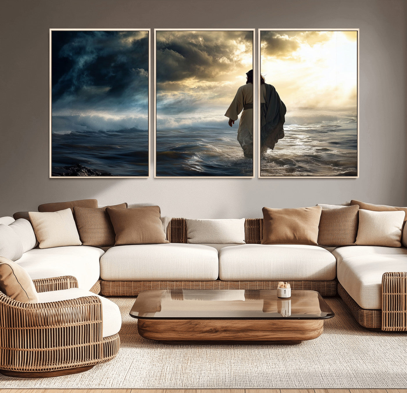 76524-MGV-CV-36X24-Jesus Walking Water Wall Art – Inspirational Christian Canvas Print, Faith Based Spiritual Artwork for Living Room, Prayer Space, or Church Decor