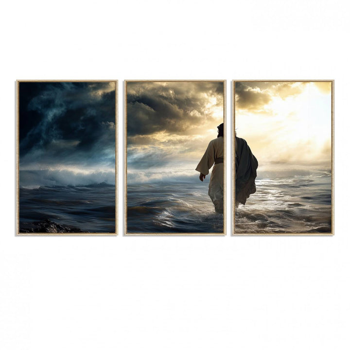 A dramatic sky serves as the backdrop for the Jesus Walking on Water wall art, a perfect piece for Christian home decor.