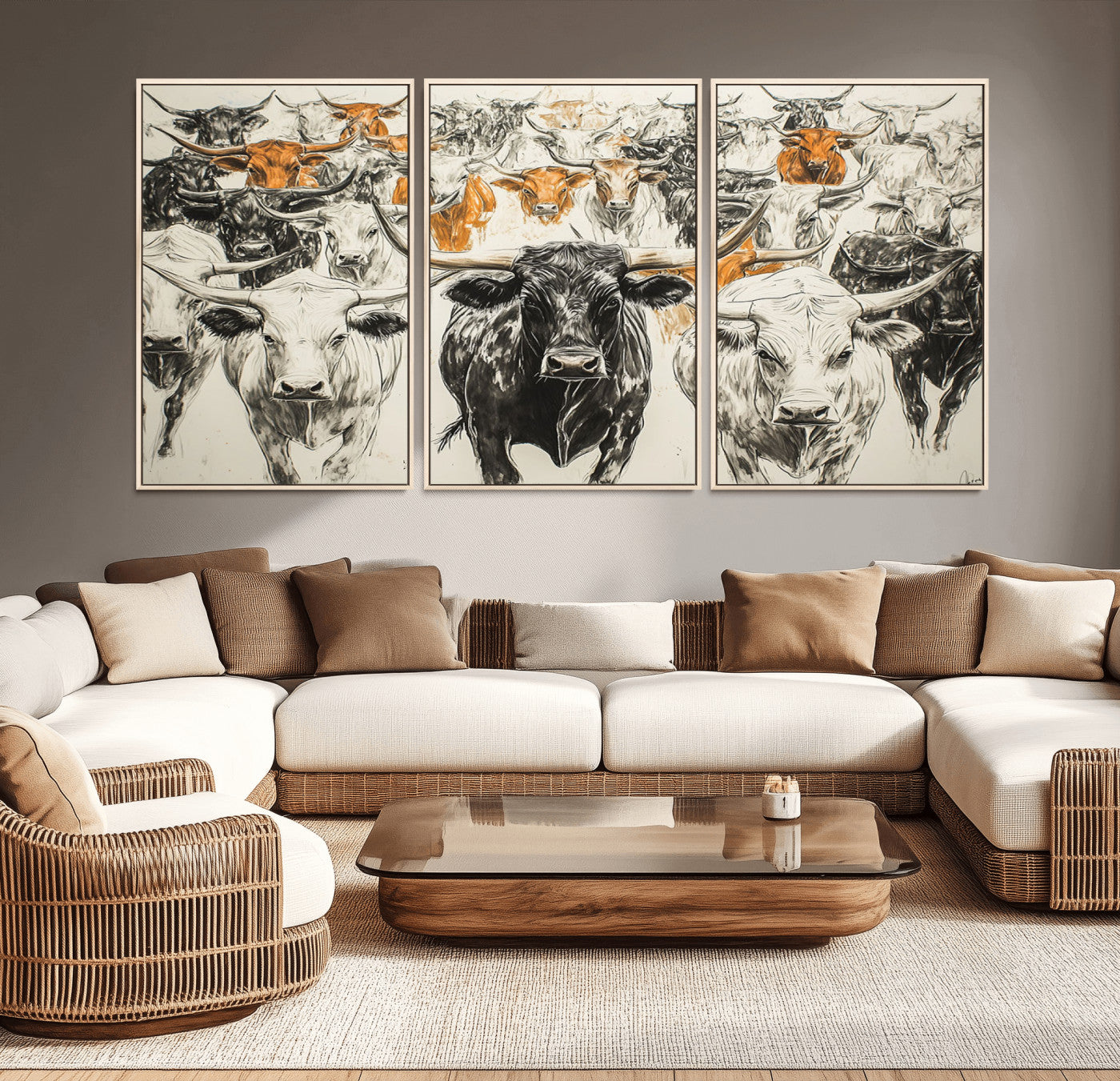 MGV-FC-60X30-3P - Farmhouse Wall Art | Western Longhorn Cattle Canvas Print | Ready to Hang and Framed Barn Decor