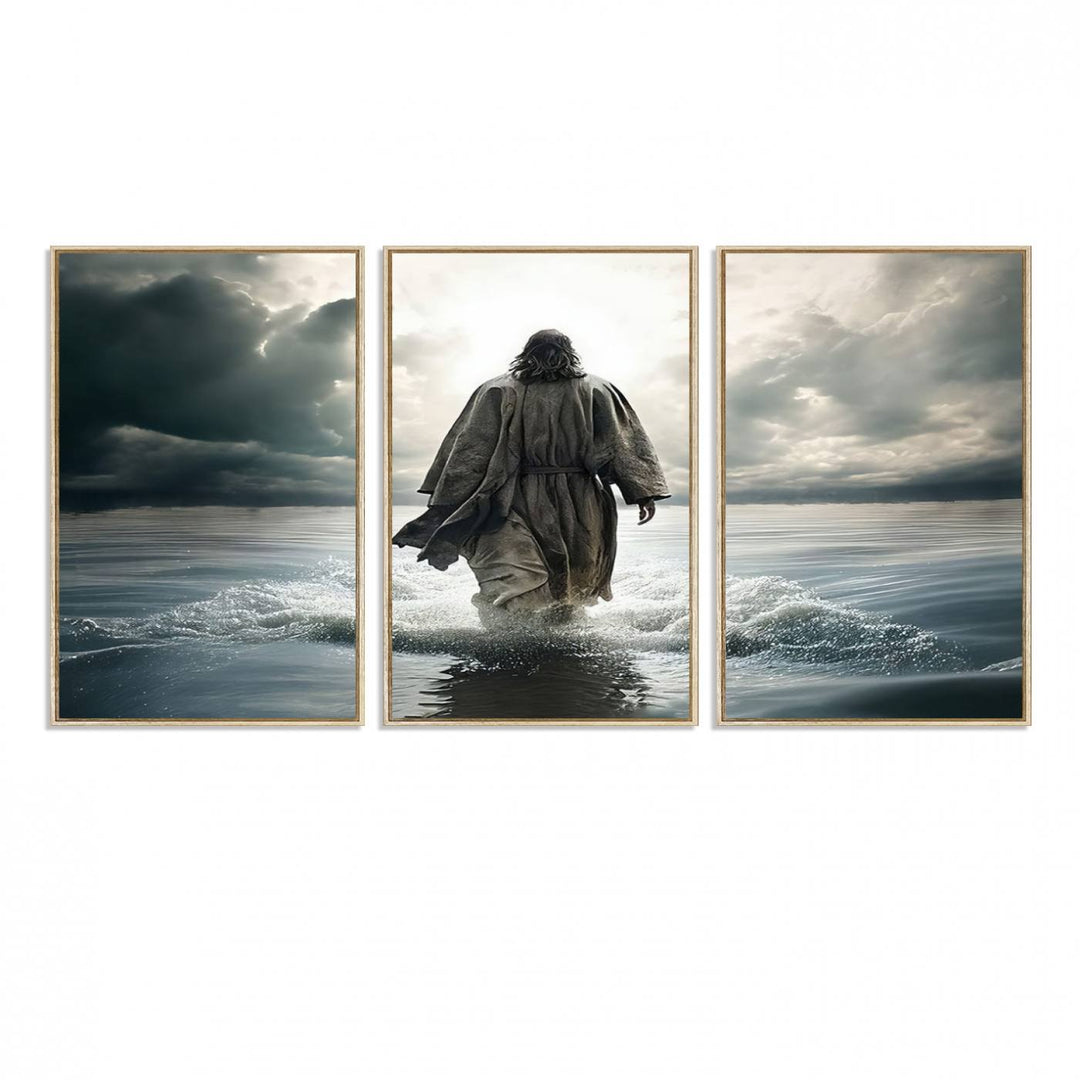 A canvas wall art depicting a figure walking on water beneath dramatic clouds, designed as inspirational religious imagery and ready to hang.