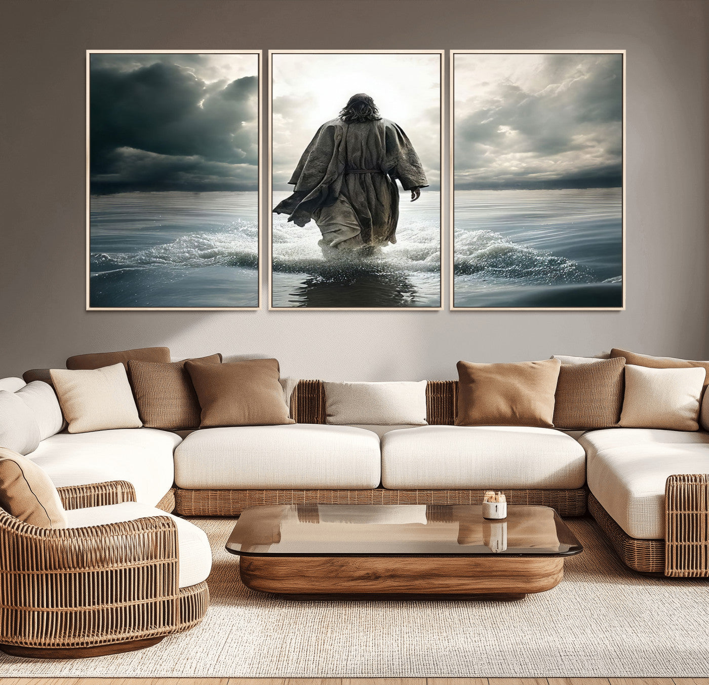 MGV-FC-60X30-3P - Jesus Walking on Water Wall Art | Canvas Print | Ready to Hang | Christian Home Decor | Spiritual