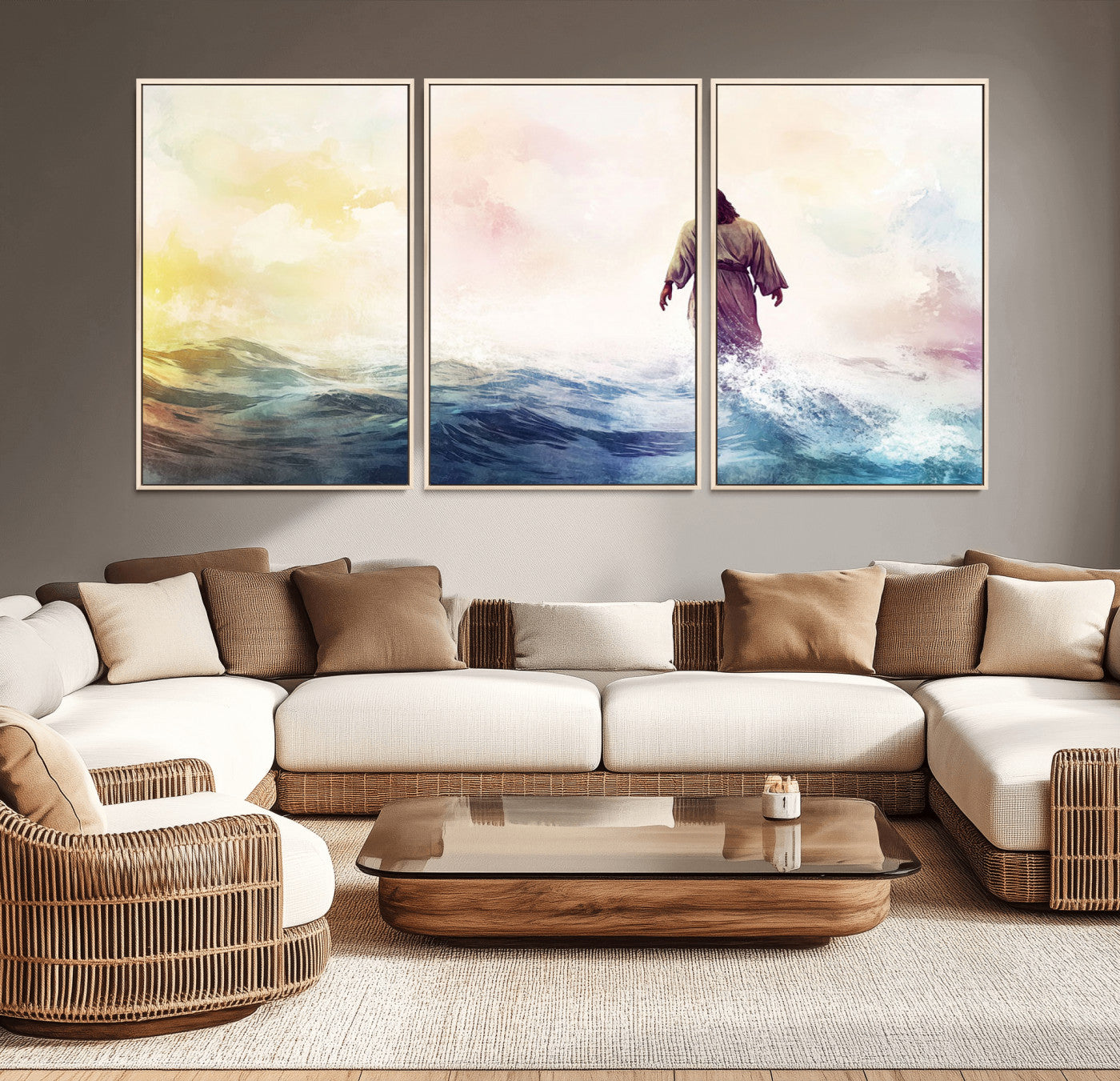 60356-MGV-FC-60X30-3P_Natural-Watercolor Jesus Walking on Water Canvas Print, Christian Wall Art, Jesus Christ Walking