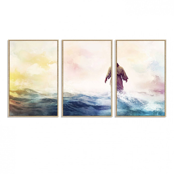 A robed figure strides on water in gentle waves, evoking the Watercolor Jesus Walking on Water canvas art.