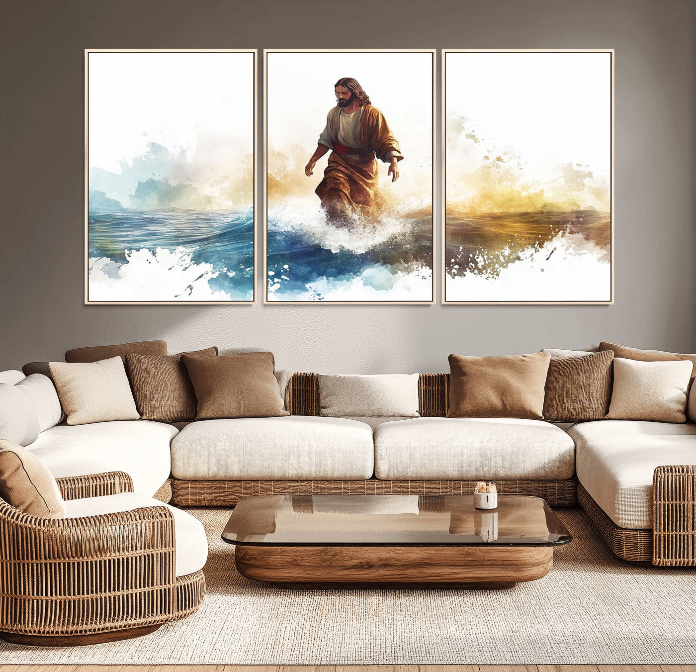 MGV-FC-60X30-3P - Watercolor Jesus Walking Wall Art Print, Jesus Water Canvas Print, Christian Wall Art, Jesus Christ