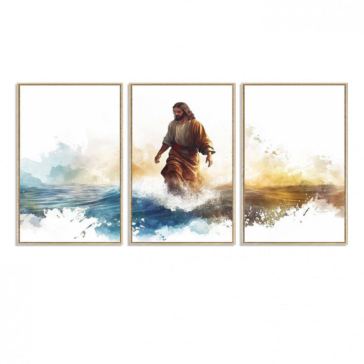 This watercolor canvas print depicts Jesus walking, characterized by abstract splashes against a serene background. It serves as a beautiful piece of Christian wall art.