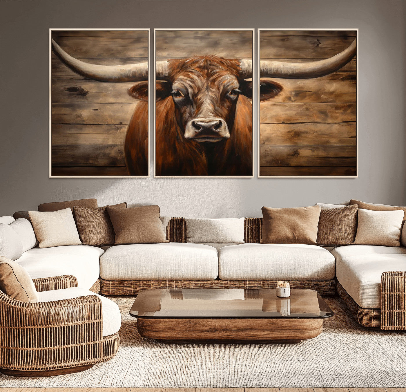 MGV-FC-60X30-3P - Longhorn Bull Wall Art | Canvas Print | Ready to Hang | Rustic Farmhouse Wall Decor | Western Barn