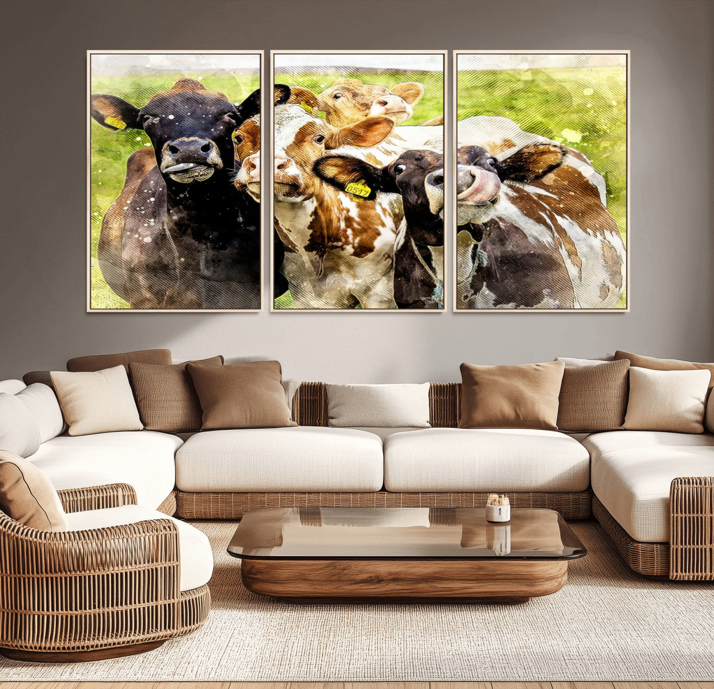 MGV-FC-60X30-3P - Curious Cows Farmhouse Wall Art | Ready to Hang and Framed Canvas Print | Rustic Farm Decor