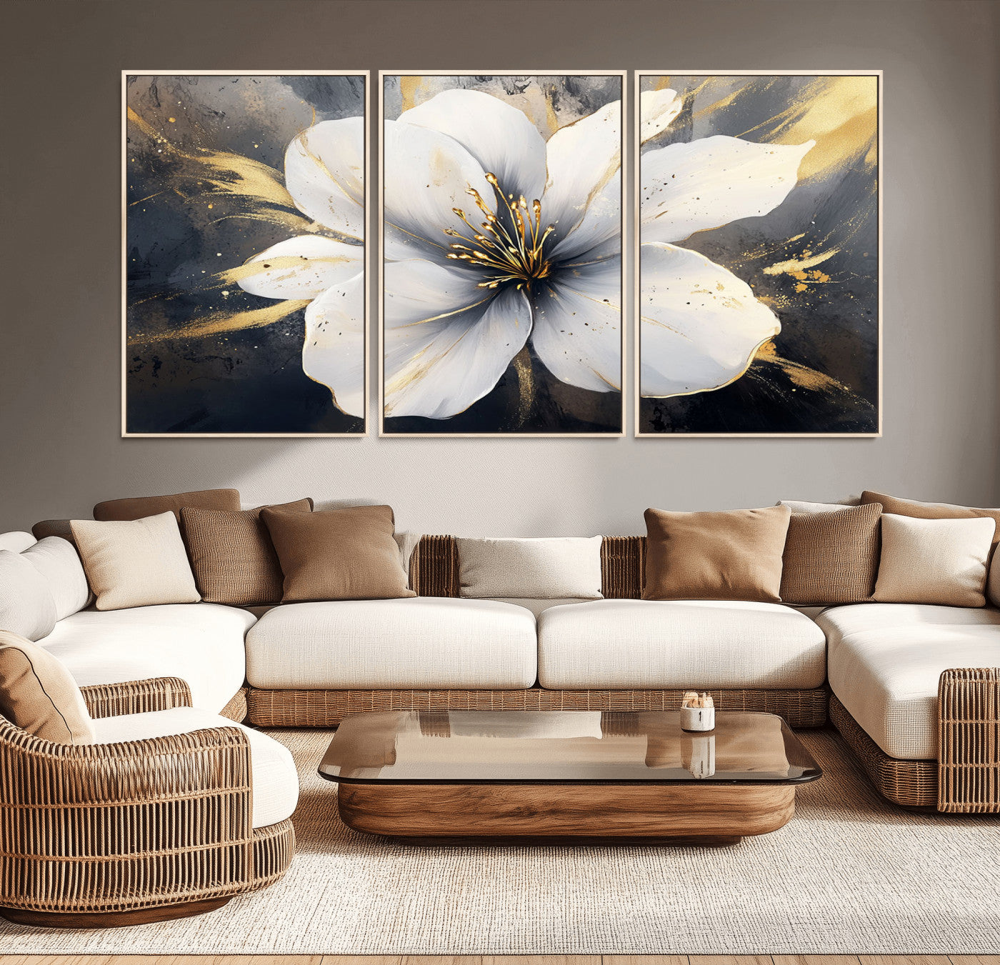 MGV-FC-60X30-3P - White Flower Wall Art Canvas Print | Ready to Hang | Abstract Floral Wall Decor | Elegant Bloom