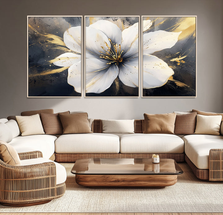 White Flower Wall Art | Canvas Print | Ready to Hang | Abstract Floral Wall Decor | Elegant Bloom Artwork | Framed for Living Room or Bedroom