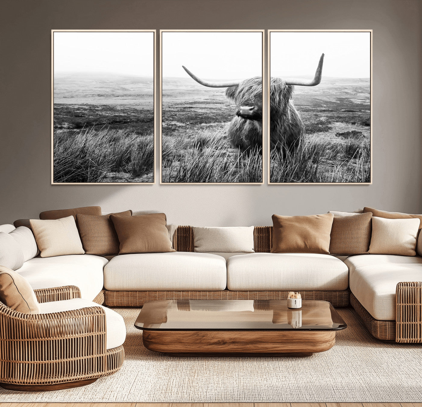 80826-MGV-CV-36X24-Scottish Highland Cow Wall Art | Black and White Canvas Print | Ready to Hang and Framed | Rustic