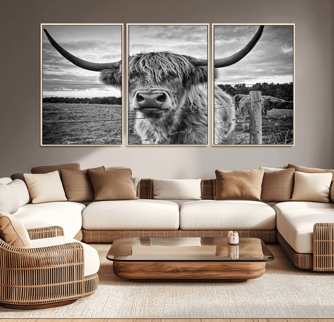 -Scottish Highland Cow Wall Art Canvas Print | Ready to Hang and Framed | Rustic Farmhouse Decor
