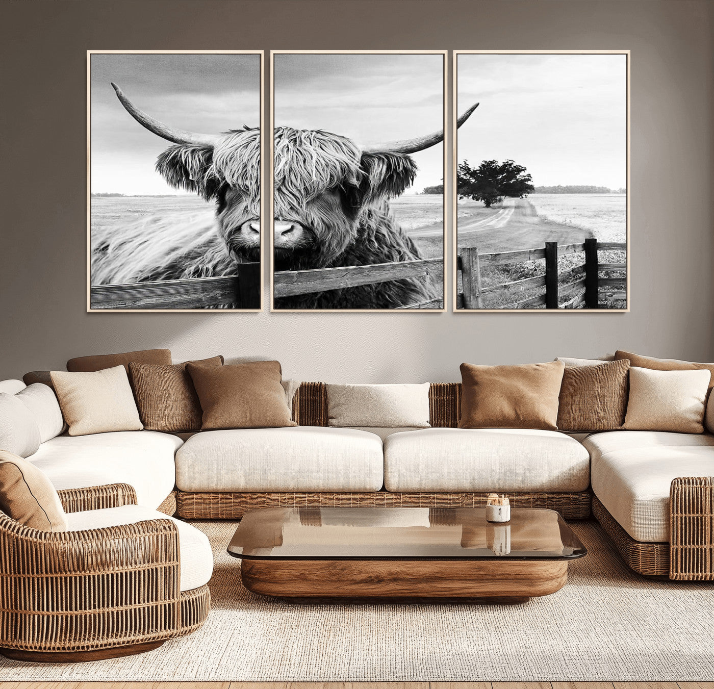 -Scottish Highland Cow Wall Art | Rustic Farmhouse Décor | Black and White Ready to Hang Canvas Print