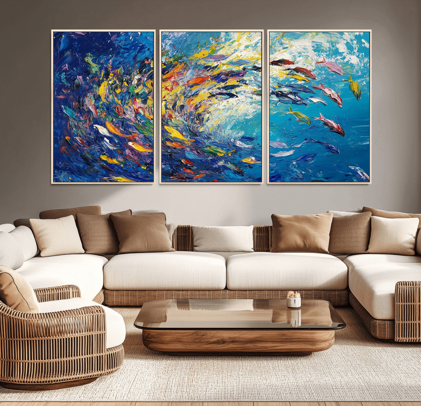 MGV-FC-60X30-3P - Colorful Swirling Fish School Wall Art Canvas Print | Oceanic Abstract Painting | Ready to Hang |