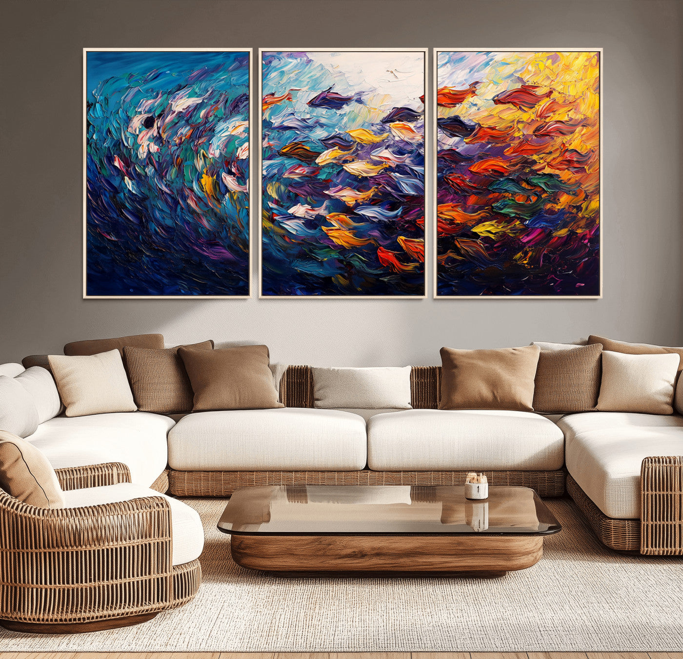 MGV-FC-60X30-3P - Vibrant Abstract Fish Swarm Art – Colorful Fish Inspired 3-Piece Canvas Wall Art for Living Room or