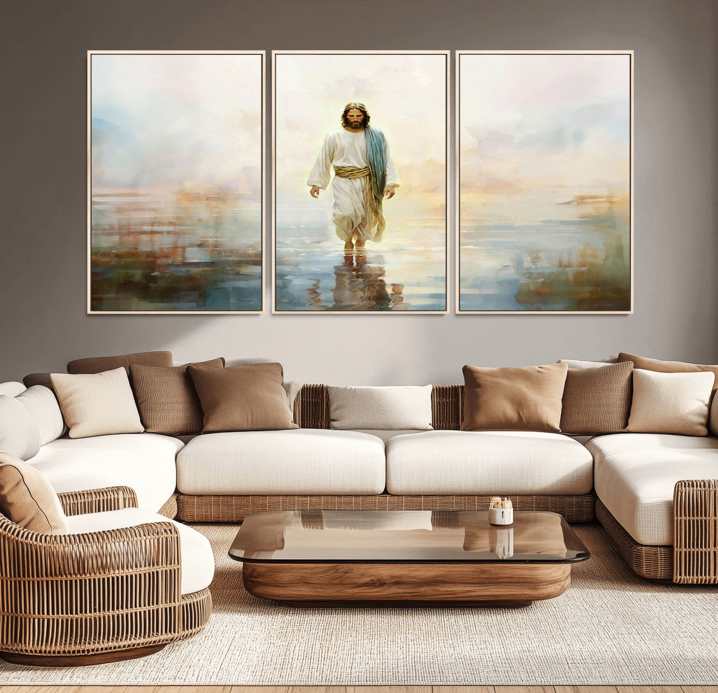 MGV-FC-60X30-3P - Framed Jesus Walking on Water Wall Art - 3-Panel Christian Canvas Prints, Religious Artwork for
