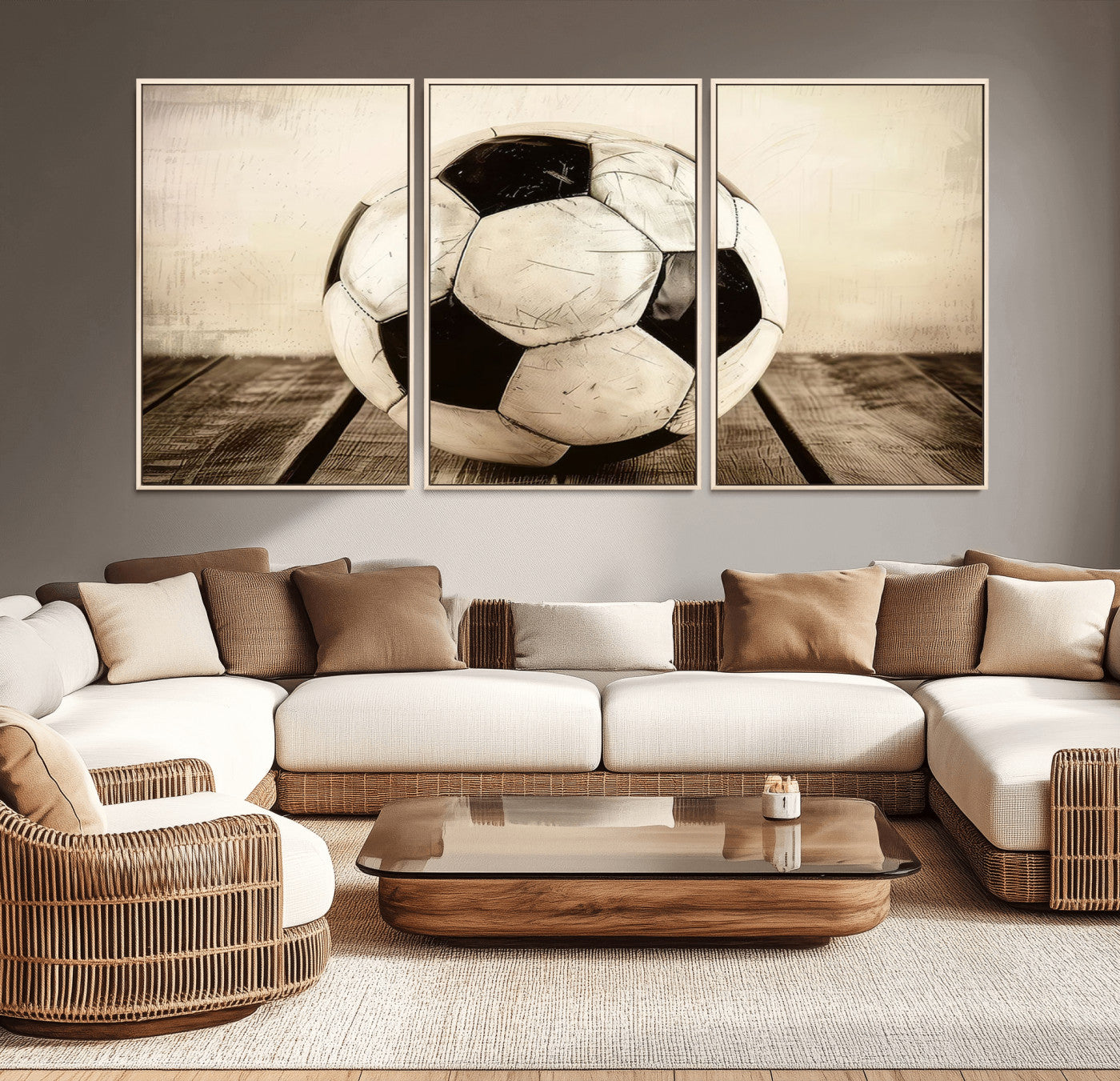 24319-MGV-CV-36X24-Vintage Soccer Ball Wall Decor Canvas Art – 3-Panel Soccer Wall Decor, Framed and Ready to Hang