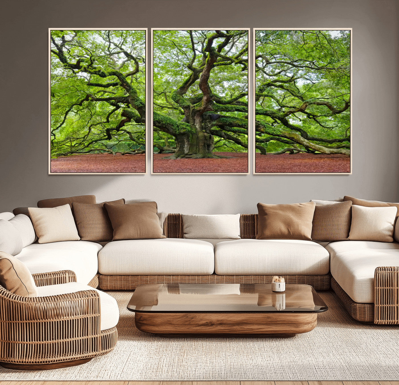 MGV-FC-60X30-3P - Framed Angel Oak Tree Wall Art - 3-Panel Canvas Prints, Large Green Nature Artwork, Ready to Hang