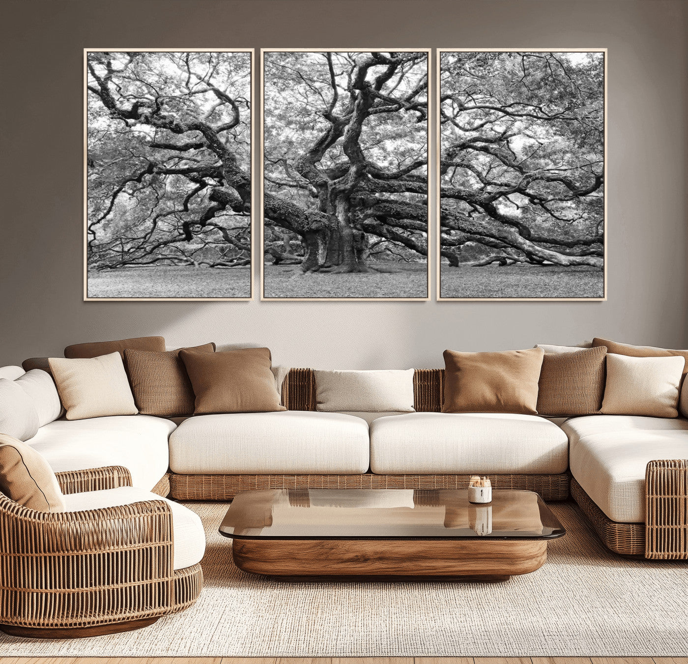 MGV-FC-60X30-3P - Black White Angel Oak Tree Wall Art - Timeless Nature-Inspired Canvas for Rustic, Modern, or
