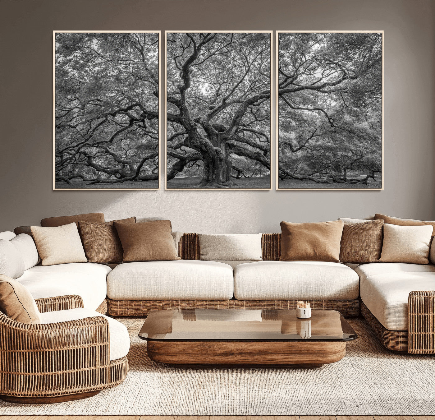 MGV-FC-60X30-3P - Majestic Angel Oak Tree Black and White Canvas Print – Multi Panel Wall Art, Giclée Print, Ready to