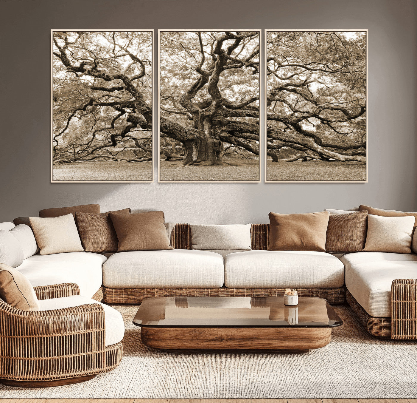 MGV-FC-60X30-3P - Sepia Framed Angel Oak Tree Wall Art - 3-Panel Canvas Prints, Large Green Nature Artwork, Ready to