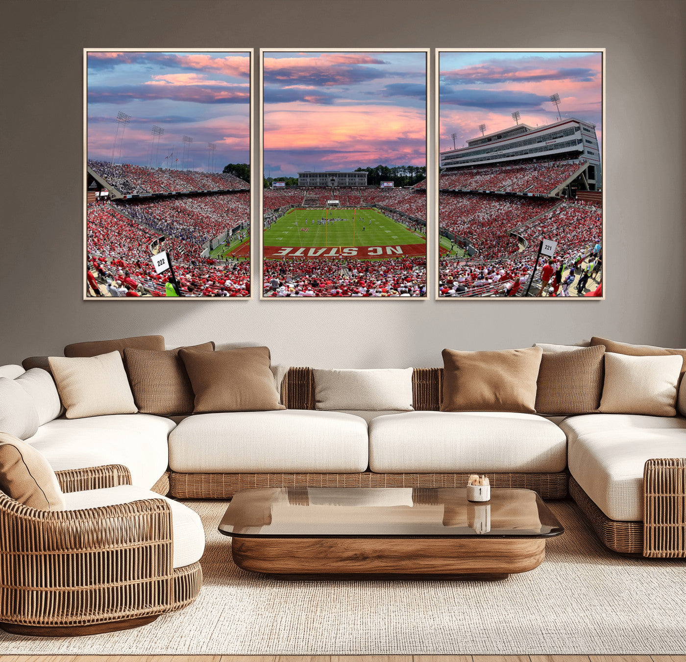 75072-MGV-CV-36X24-Carter-Finley Stadium Art Sunset Game Triple Canvas Wall Art - NC State Wolfpack Football Match