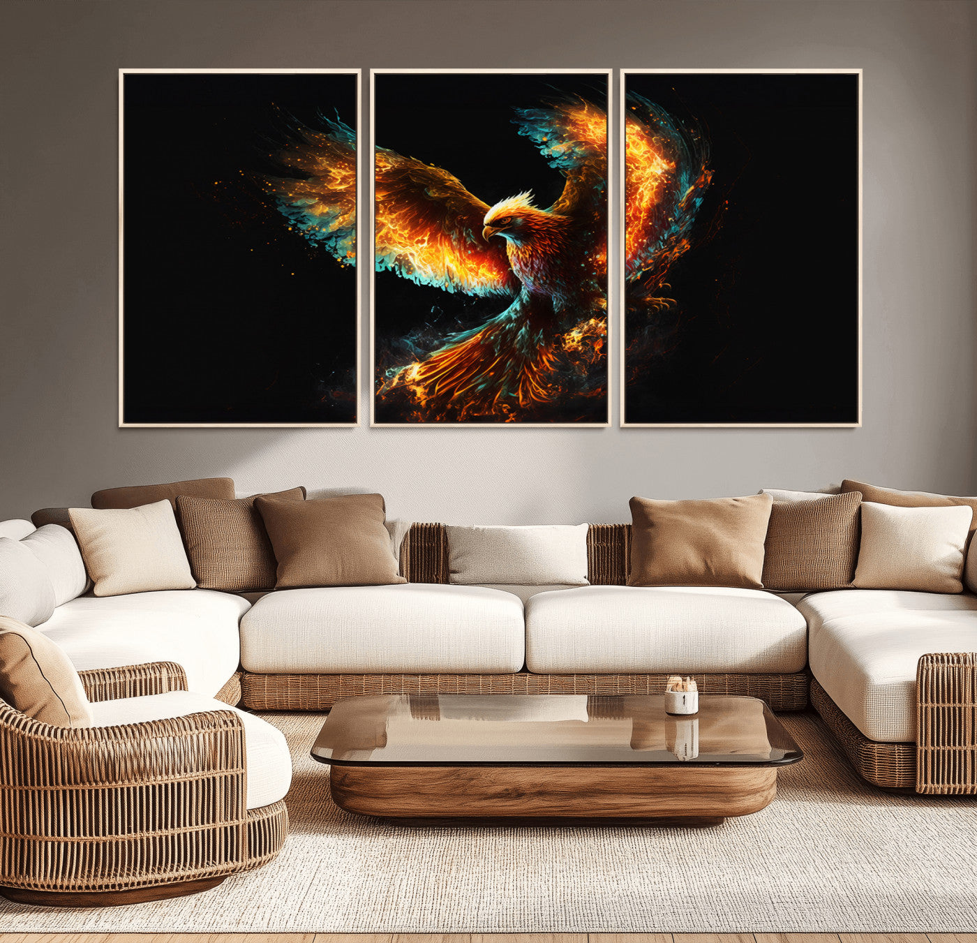 MGV-FC-60X30-3P - Fiery Phoenix Canvas Print | Ready to Hang Wall Art | Bold Fantasy Decor for Living Room | Majestic