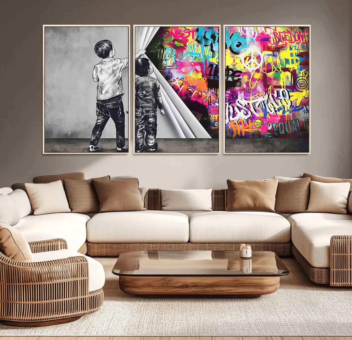 MGV-FC-60X30-3P - Banksy Print - Street Art Canvas Wall Art - Kids Revealing Graffiti, Urban Modern Decor for Living