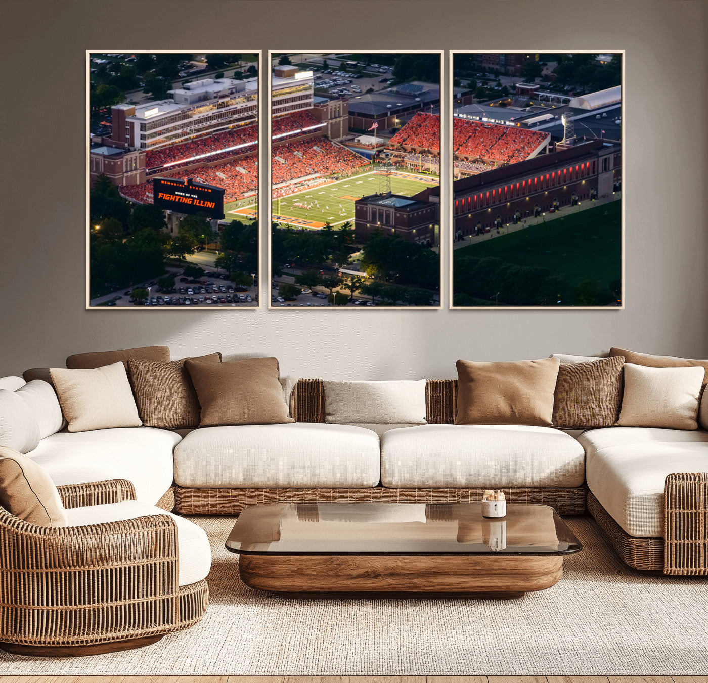 78052-MGV-FC-60X30-3P_Natural-University of Illinois Fighting Illini Football Team Print - Champaign Illinois Memorial Stadium