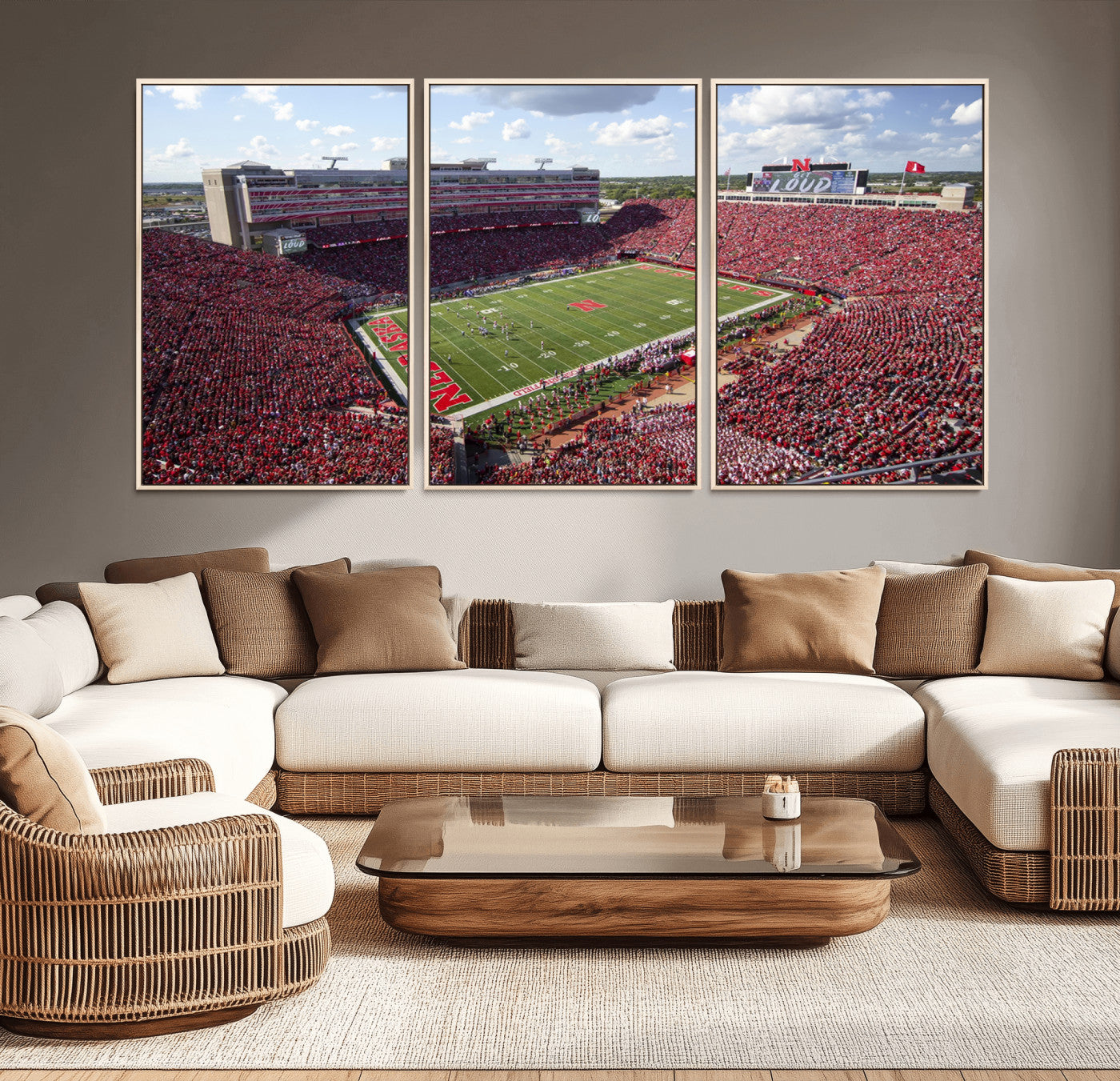 MGV-FC-60X30-3P - University of Nebraska Cornhuskers Football Team Print - Lincoln Memorial Stadium Wall Art Canvas