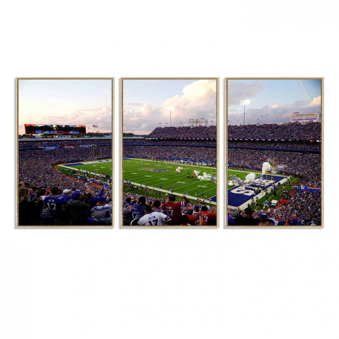 A mural of the Buffalo Bills energizes the atmosphere, capturing the excitement of a game day at Highmark Stadium, even under a cloudy sky.