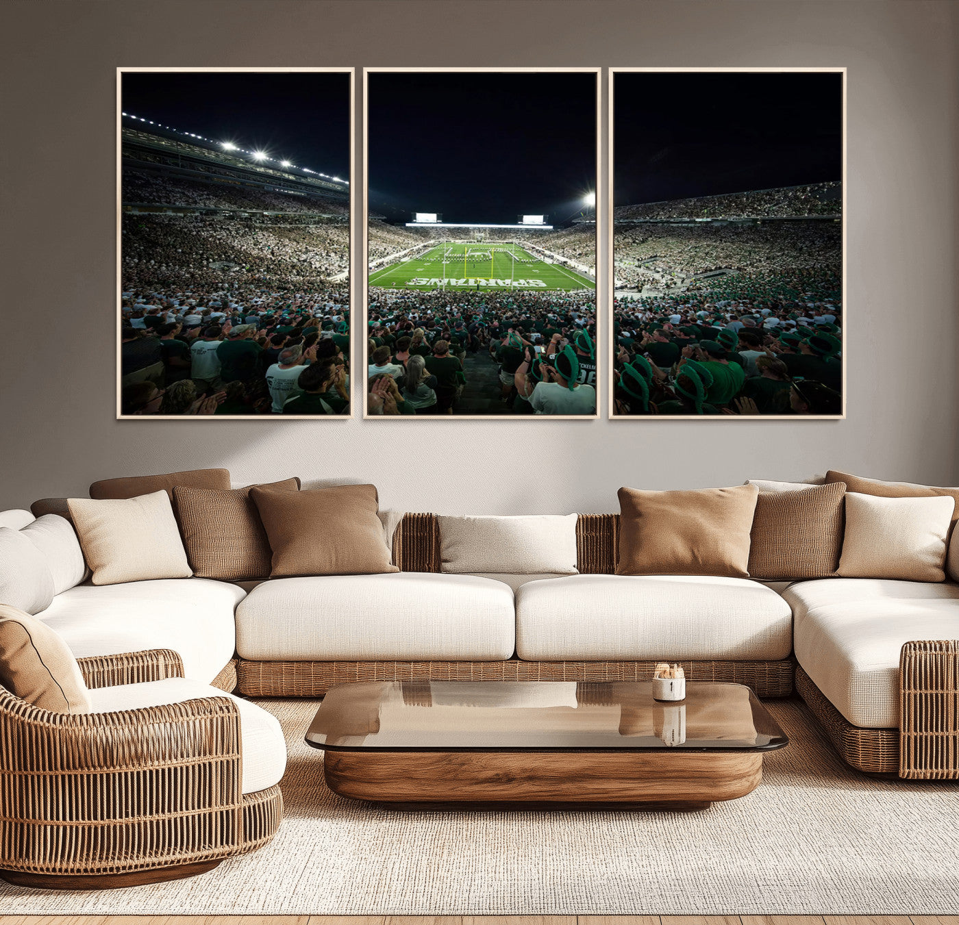 MGV-FC-60X30-3P - Framed Michigan State Spartans Football Team Print - East Lansing Spartan Stadium Wall Art Canvas